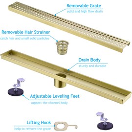 16 Inch Linear Bathroom Shower Rectangular Floor Drain New Type with Removable Cover Grid Grate Adjustable Leveling Feet Hair Strainer SUS304 Stainless Steel Brushed Gold