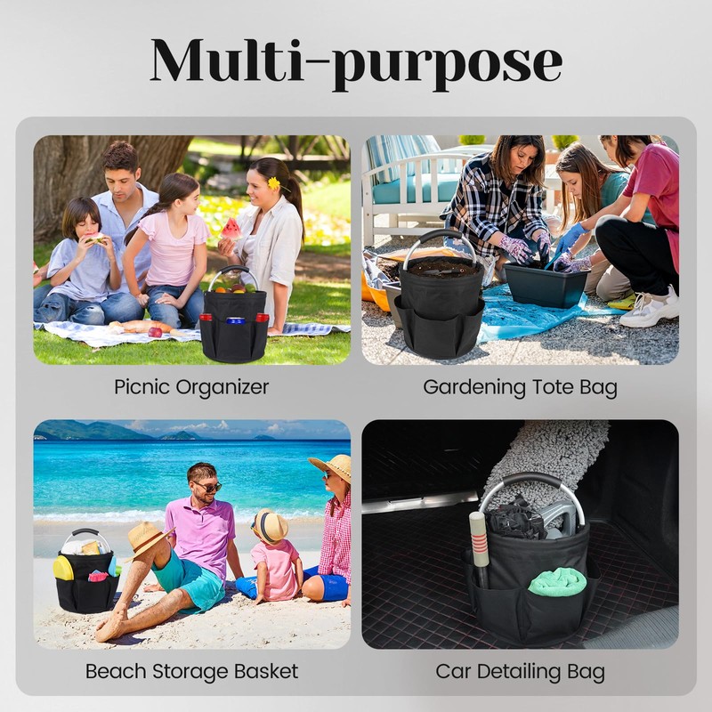 Feroist Garden Tool Storage Bucket, Portable Organizer with Multiple Pockets,