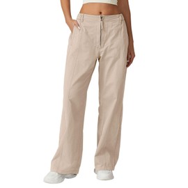 QISNEN Womens Cotton Cargo Pants High Elastic Waist Wide Leg Pants Front Zip Casual Lounge Pants Beige XL