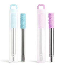 Foweroty 2 Pack Reusable Telescopic Stainless Steel Straw - Portable Collapsible Metal Straw with Silicone Tip & Brush, Adjustable 3.7"-8.5" for Travel, Cruise (Purple+Blue)
