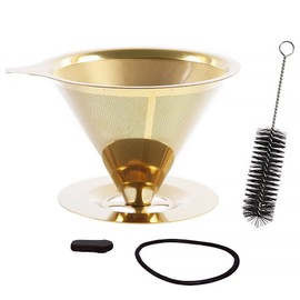 Coffee Filter, Reusable Pour Over Coffee Filter, Paperless Pour Over Coffee Dripper Stainless Steel Coffee Filter, Reusable Permanent Drip Cone Coffee Filter (Gold Leaky Net Base)