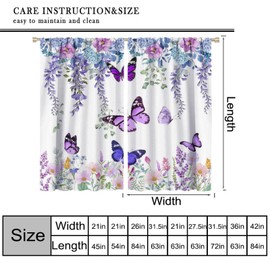 Butterfly Blackout Curtain,Spring Purple Floral Lavender Leaves Window Treatment Curtains for Living Room Kitchen Cafe Bedroom Dining Room Office Drapes Decor,42x45 in