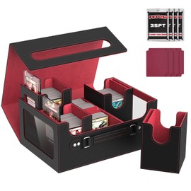 Card Deck Box for MTG with Commander Display, 4 in 1 Card Storage Box Fits 400+ Double-sleeved Cards,Removable Trading Cards Storage Box for TCG,4 Magnetic Card Holders,4 Dividers (Black & Red)