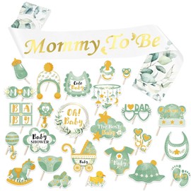 Mummy to Be Sash with 25Pcs Baby Shower Photo Props Newborn Party Decoration Supplies Mum to be Gifts for Baby Shower Party Decorations