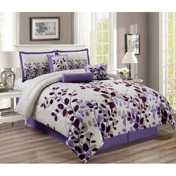 7 Piece - Purple/Grey/Lilac Oversize Comforter Set Fresca Vine Fine Printed Bedding Full Size Bedding