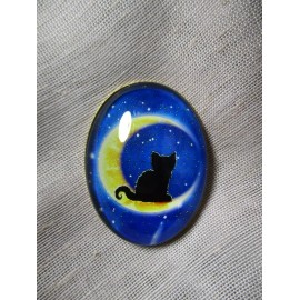 XL GLASS DOME PICTURE BUTTON - BRIGHT YELLOW MOON IN DARK BLUE STARRY SKY W CAT