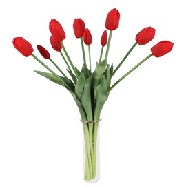 Duovlo 18.5'' Artificial Tulip Flowers 10 PCS Faux Real Touch Latex Bouquet Tulips for Home Table Arrangements Gift Office Wedding Party Birthday Garden Restaurant Decoration (Red)