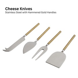 VarEesha Hammered Gold Handles Stainless Steel 4-Piece Cheese Knives Set | Cheese Spreader, Slicer, Prongs, Fork | Cheese Knives for Charcuterie Board Accessories (Gold)