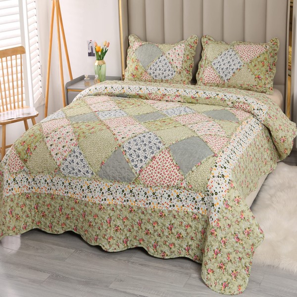 VIVILINEN VIVILINEN Full Queen Size Green Patchwork Quilt Set Reversible