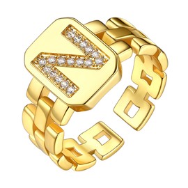 Bestyle Women's Adjustable Open Ring A-Z 26 Letter Ring with Stones Gold Copper, Copper, Cubic Zirconia
