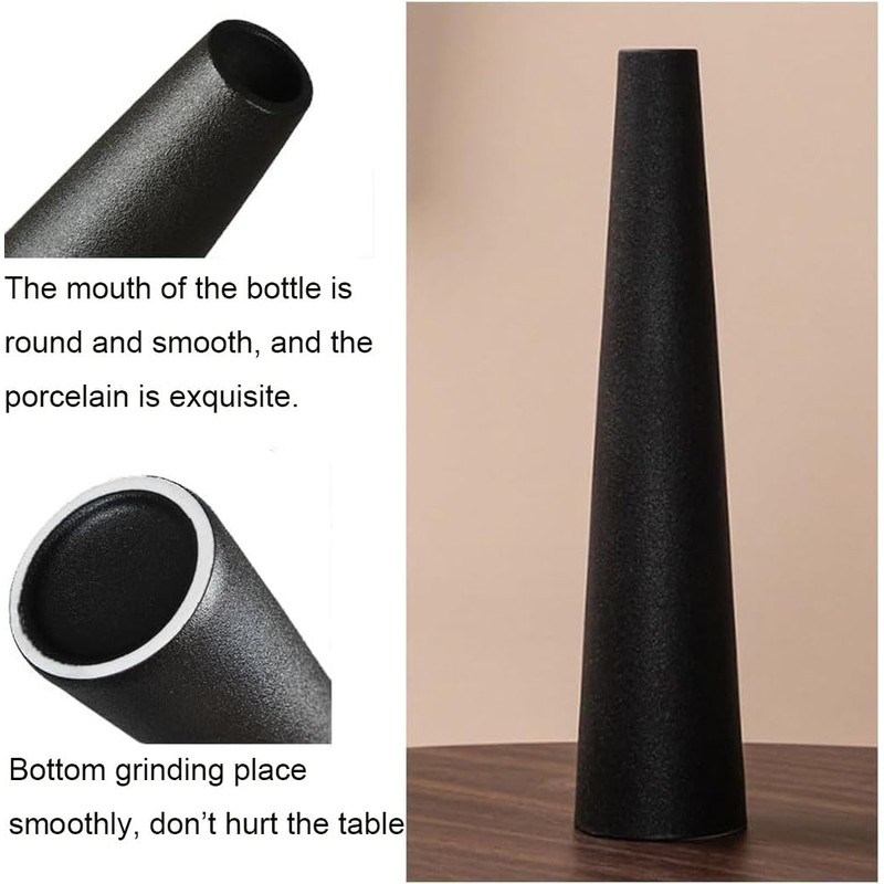 8.5 Inch Tall Conic Black Ceramic Flower Vase Small Bud