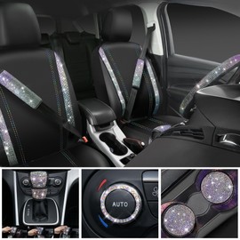 CAR PASS Bling Diamond Leather Seat Covers Sets 12pcs Shining Car Accessories Set for Women, Sparkly Rhinestone Steering Wheel Cover, Glitter Cute Crystal for Women Girl, Bedazzed Multicolor Diamond