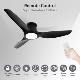 Wozzio 52 Inch Ceiling Fan with Light,Remote Control Flush Mount Ceiling Fan, Modern Black Low Profile for Bedroom Living Room Dining Room Home Office,DC Motor,Reversible