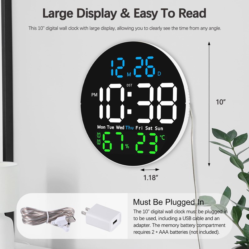 JoFomp LED Digital Wall Clock Large Display, 10" Digital Alarm