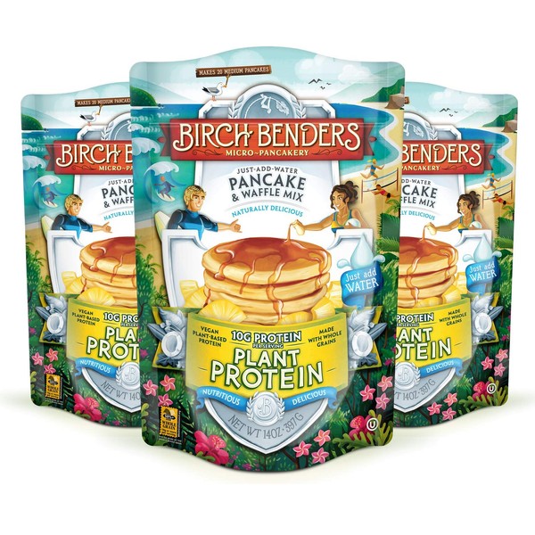 Birch Benders Plant Protein Pancake & Waffle Mix, Vegan, 10g Plant-Based Protein, Whole Grains, Just Add Water, 3 Pack, 14 Oz