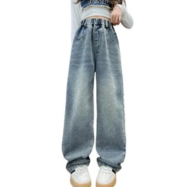LittleXin Kids Girls' Fashion Elastic Waist Wide Leg Baggy Denim Pants Straight Washed Loose Jeans Age 5-14 Years(Blue4,8-9 Years)