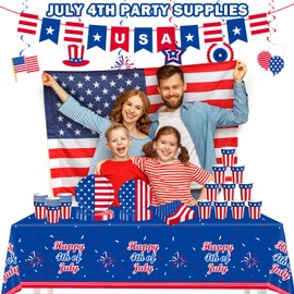 4th Fourth of July Party Supplies Favors for 250th Anniversary, Patriotic Red White Blue Plates,Napkins,Cups,Tablecloth,Hanging Decorations for 25 Guests, USA Accessories for Memorial Independence Day
