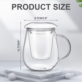 Tioncy 4 Set Glass Tea Cup with Infuser and Lid 16.9 oz Clear Glass Mug with Strainer and Lid Simple Filtration Loose Tea Cup for Brewing Blooming Bag