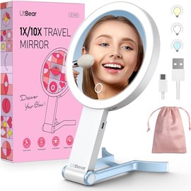 LitBear Espejo de maquillaje de viaje con luces, espejo de aumento recargable de doble cara 10X/1X, espejos de belleza iluminados portátiles, iluminac