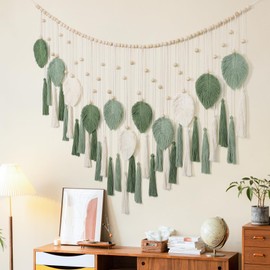 Dremisland Macrame Wall Hanging Leaf Tassel Large Tapestry with Wooden Bead Boho Handmade Woven Tapestry Cotton Wall Tapestry Art Decor for Bedroom Living Room Apartment Backdrop, 51.2" W x 31.5" L