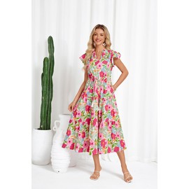 Women's Spring Floral Tiered Long Midi Dresses Short Sleeve Boho Beach Ruffle Floral Dress for Women Flowy Swing Maxi Dress