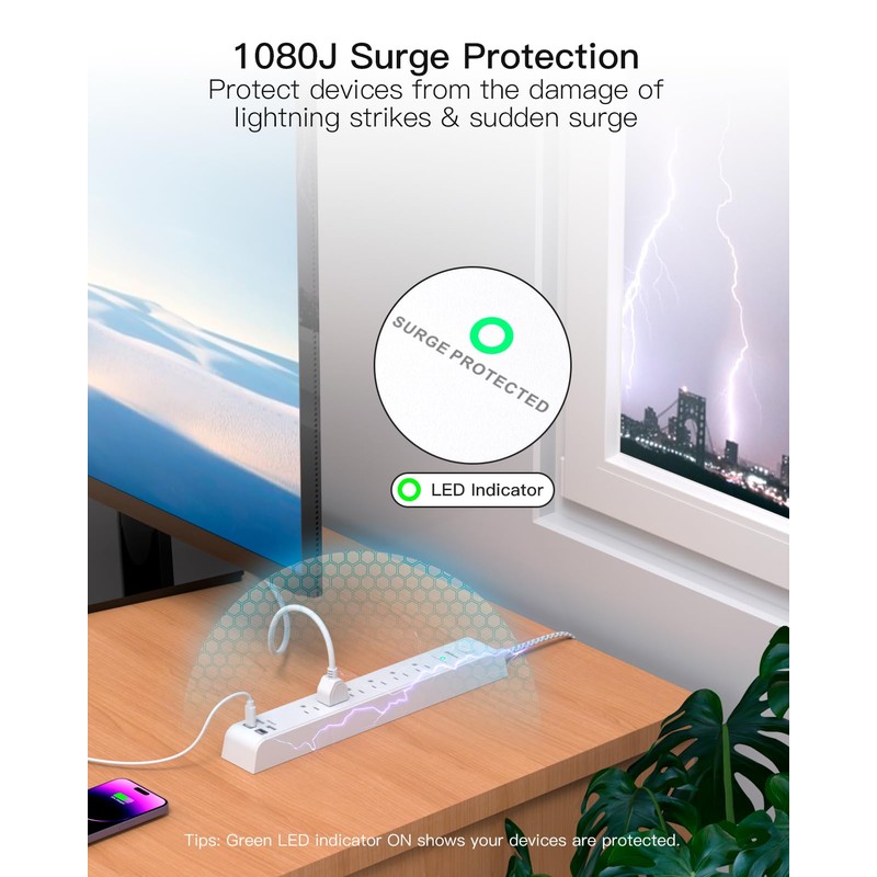 Mifaso Surge Protector Power Strip 10FT, Flat Plug, 6 AC