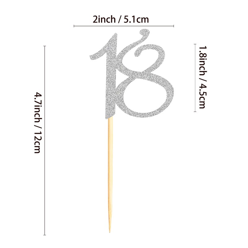 Sumerk 24PCS 18 Cupcake toppers Silver Glitter 18th Birthday Cupcake