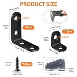 32PCS L Corner Brackets, MAPVOLUT Stainless Steel L Brackets for Shelves with 100PCS Screws, Black Heavy Duty Right Angle Shelf Bracket, Metal Corner Brace for Wood Furniture (1.57x1.57in/0.79x0.79in)