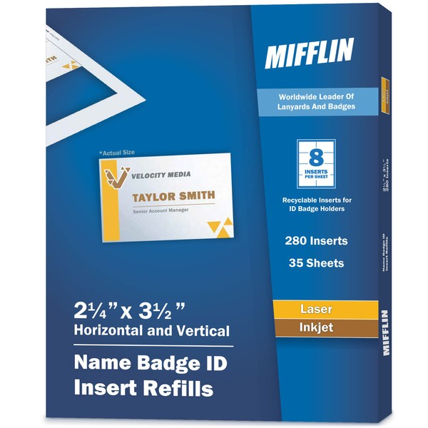 Mifflin-USA Name Badge Inserts, 2.25x3.5" or 3.5x2.25" Badge Inserts (280 Cardstock Refills, 35 Sheets), Compatible with Inkjet, Laser Printer, and Printable Badge Inserts