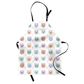 Ambesonne Cat Apron, Smiling Cat Muzzle and Paw Prints Pattern on Animal Themed Kitty, Small Apron Bib with Adjustable Ties for Baking Painting, Small Size, Multicolor