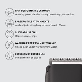 Panasonic Long Beard Trimmer for Men, 58 Length Settings and 4 Attachments for Cutting and Detailing, Cordless or Corded Operation – ER-GB96-K (Black)
