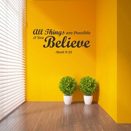 Christian Bible Verse Wall Decals,All Things are Possible if You Believe -Mark 9:23 Prayer Wall Stickers,Religious Scripture Blessed Lettering Vinyl Wallpaper Mural Decor