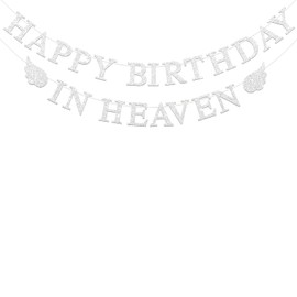 Happy Birthday in Heaven Banner - Glittery Heavenly Celebrations, Memorials, and Celebration of Life Events - In Loving Memory Decorations, Silver