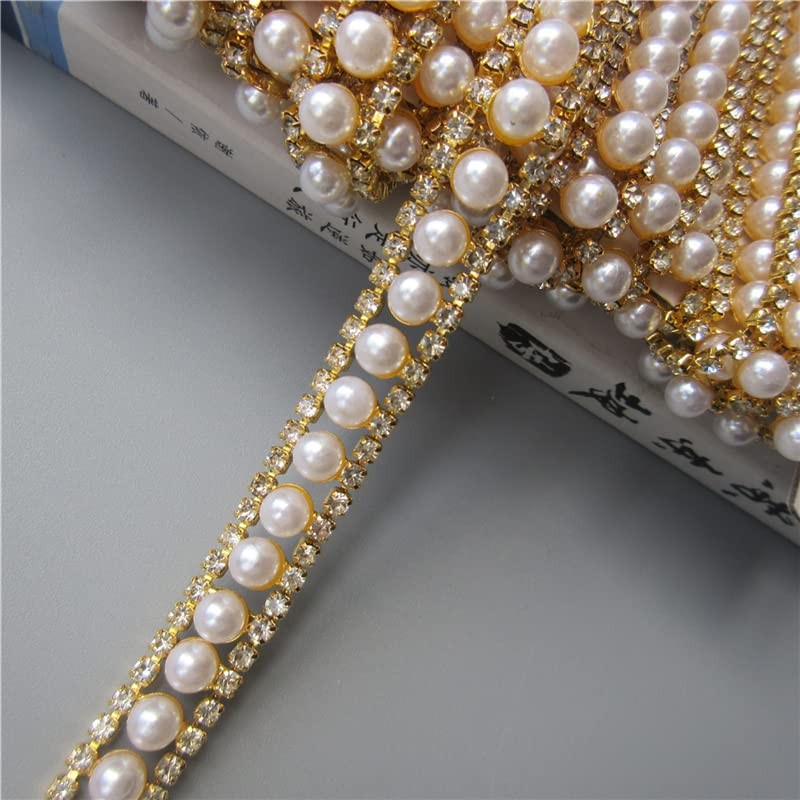 2 Yards Gold Pearl Rhinestone Chain, Crystal Rhinestones Pearl Chain