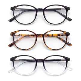 FoxMook FoxMook 3-Pack Blue Light Blocking Glasses Round Women Men Computer Glasses Anti Eye Strain/UV/Glare Gaming Glasses, Black Brown-Tortoise Black-Clear