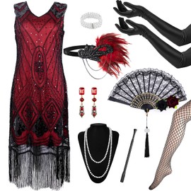 Okabay 1920s Flapper Great Gatsby Accessories Set,1920s Dresses for Women,Roaring 20's Theme Set with Sequin Fringed Dress Headband Gloves Necklace,1920s Vintage Accessories for Women Ladies (Red, M)