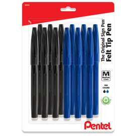 Pentel Sign Felt Tip Pens, Fiber-Tipped, Pack of 12 Felt Tip Markers (6 Black & 6 Blue),0.8 mm Medium Point