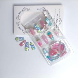 30Pcs Medium Almond Press on Nails 3D Bow Fake Nails Starfish Stick on Nails Flower Acrylic Nail Stereo Rose False Nail with Gem Rhinestones Design Full Cover Fall Glue on Nail for Women Decorations