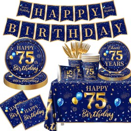 75th Birthday Decoration Men-142pcs Navy Blue and Gold Birthday Tableware Set(Serve for 20) Include Happy 75th Birthday Banner Plates Cups Napkins Tablecloth for Men 75th Birthday Party Supplies( (75)