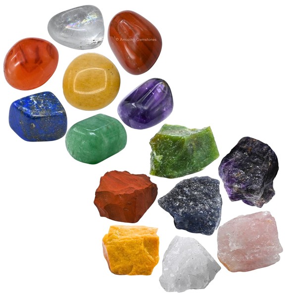 Crystals Healing Stones Manifestation Kit - 14 Pcs Spiritual Crystals - 7 Tumbled and 7 Rough Raw Gemstones