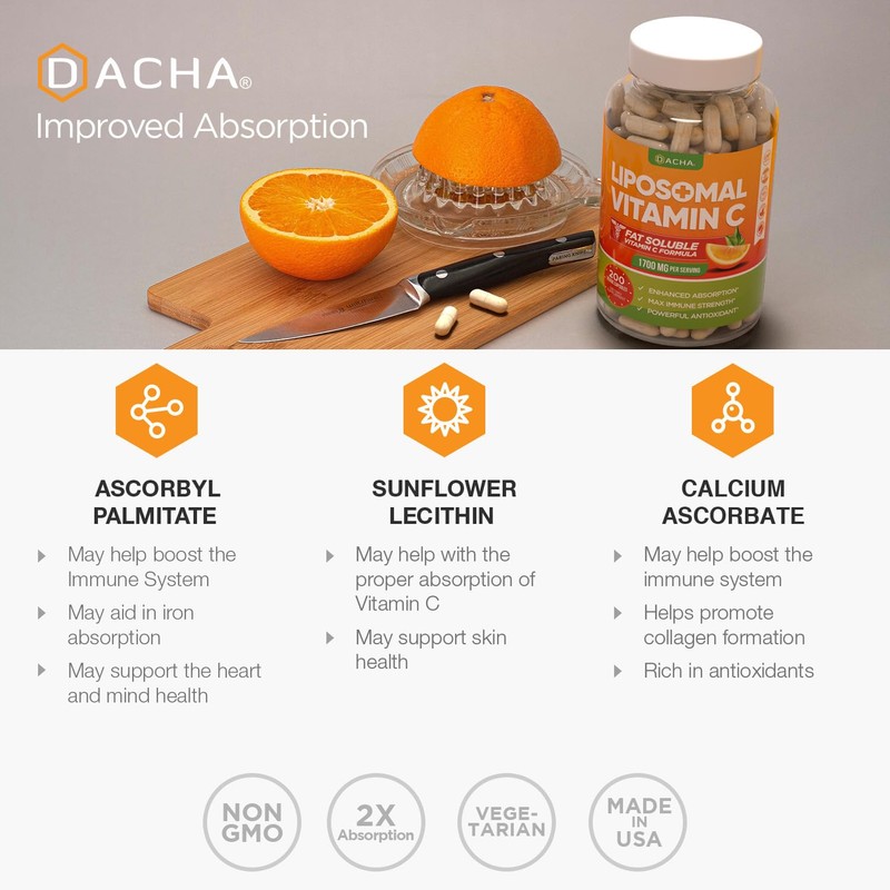DACHA Natural Liposomal Vitamin C - 1700mg, 200 Capsules, Immune