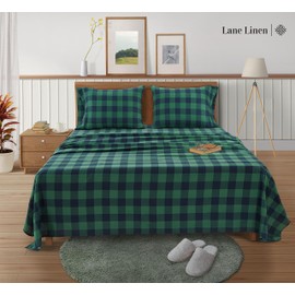LANE LINEN Cotton Flannel Sheets King Size - Brushed for Extra Softness - King Size 100% Cotton Sheets Set Flannel - Warm & Cozy Flannel Cotton Bed Sheets, 15" Deep Pocket - Buffalo Checks Green