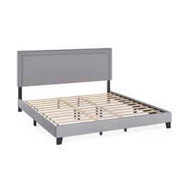 Furinno Laval Double Row Nail Head Upholstered Platform Bed Frame, King, Glacier