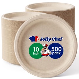 JOLLY CHEF 100% Compostable Heavy Duty Plates 10 Inch [500 Pack] Eco-Friendly Disposable Paper Plates Made of Bagasse Biodegradable Plates Bulk for Party Dinner Sugarcane Fibers Round Plates(Natural)