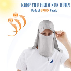 ELLEWIN Outdoor Fishing Flap Hat UPF50 Sun Cap Removable Mesh Face Neck Cover Light Grey