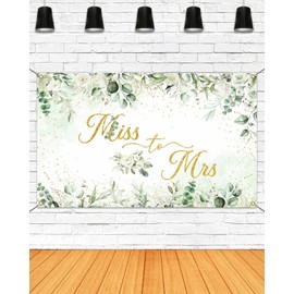 Mocsicka Miss to Mrs Banner Greenery Leave Gold Dots Bridal Shower Party Decorations Banner for Wedding Engagement Bachelorette Party Backdrop for Photography Photo Booth props (Green, 70.8x43.3 inch)