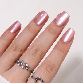 Findigit Short Pink Fake Press On Nails - Cat Eye Square Stick On Nails with Nail Glue, Reusable Soft Gel Glue On Nails Kit Fit Natural False Nails for Women 16 Sizes - 32 Nail Kits,Peach Cat Eye