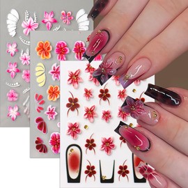3Sheets 5D Embossed Flowers Nail Art Stickers Self-Adhesive Pink Red Flower Nail Decals Floral French Tips Nail Design Spring Summer Lily Hibiscus Nail Art Supplies for Women Manicure Decorations