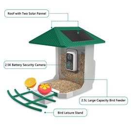 2.5K Smart Bird Feeder with Camera, 5GHz &2.4GHz Birds Watching Camera with AI Identify Bird Species, Outdoor Birds Feeder House with Solar Panel for BirdLovers (Green)