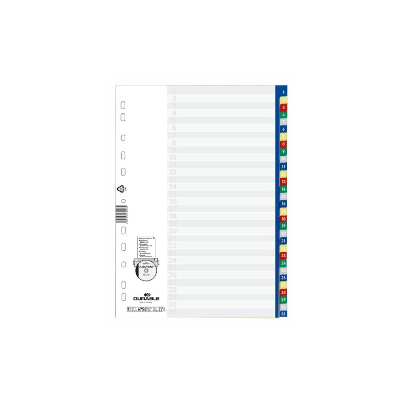 Durable 675627 Numerical Index File with Colour Tabs 1-31 and